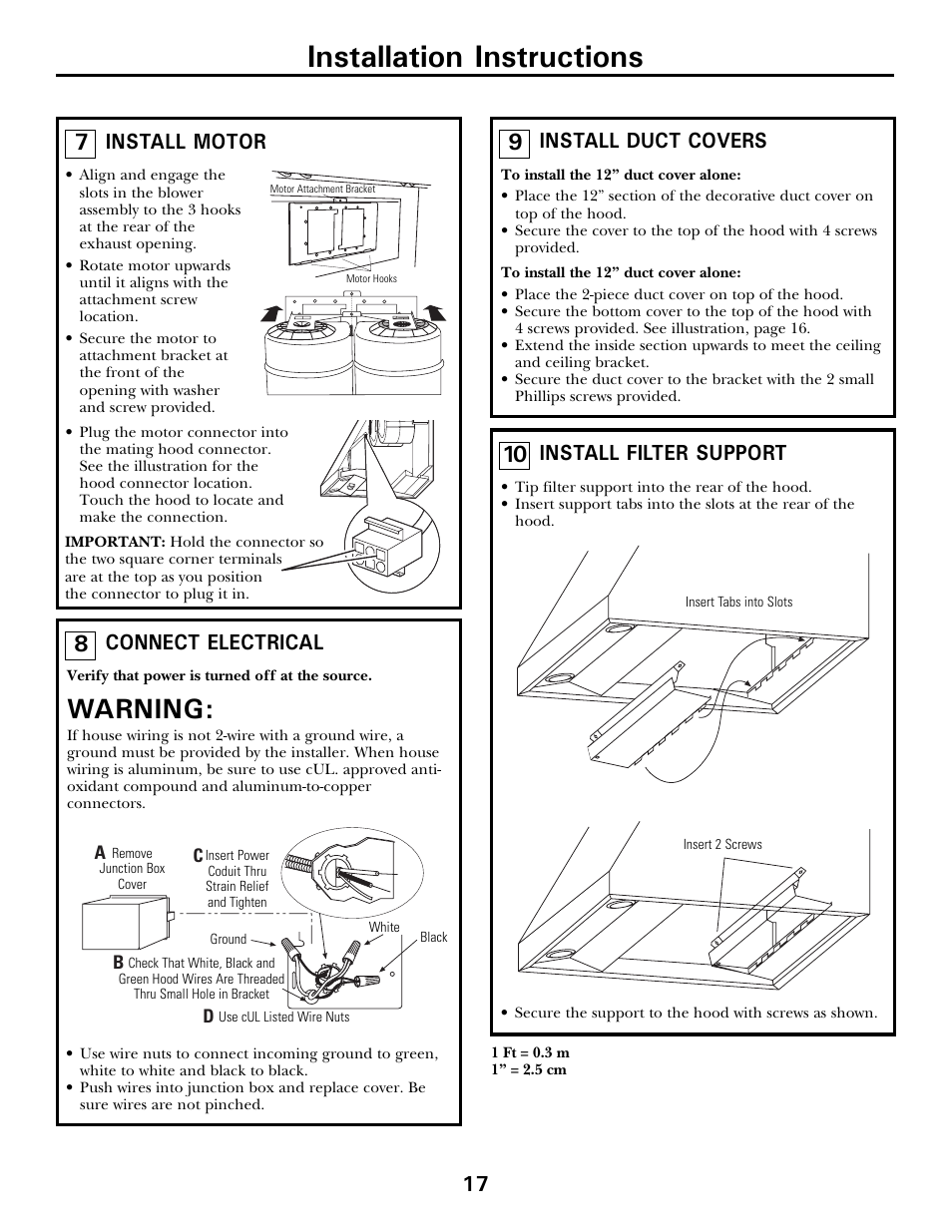 Installation instructions, Warning, Install motor | Install duct covers, Connect electrical, Install filter support | GE JV936 User Manual | Page 17 / 24