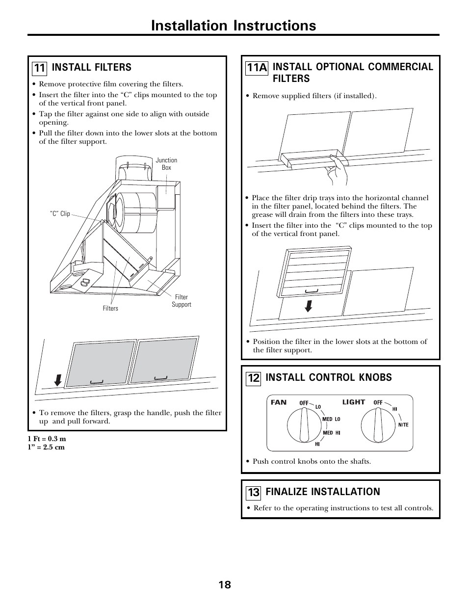Installation instructions, Install filters, Install optional commercial filters | Install control knobs, Finalize installation | GE JV936 User Manual | Page 18 / 24