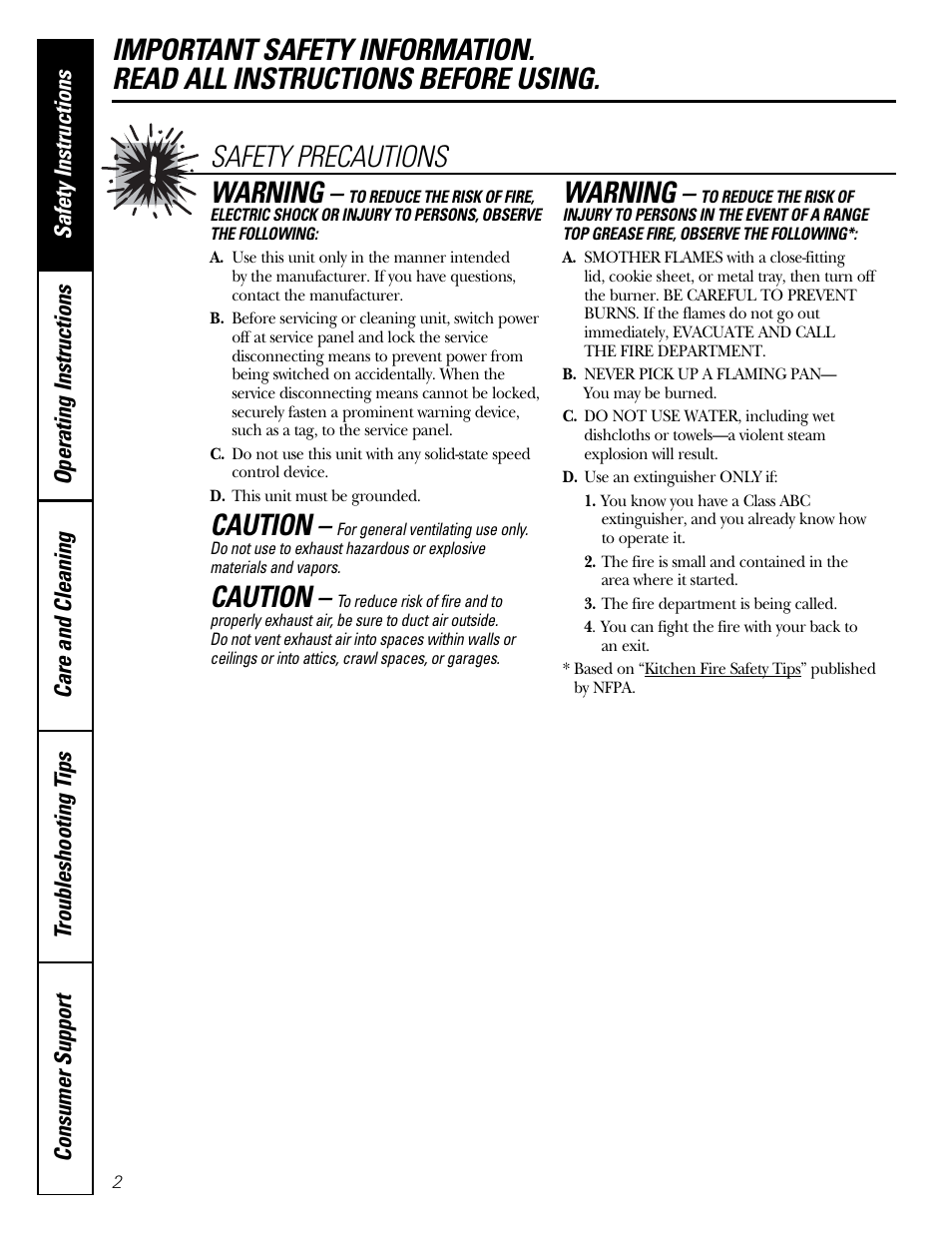 Caution, Warning | GE JV936 User Manual | Page 2 / 24