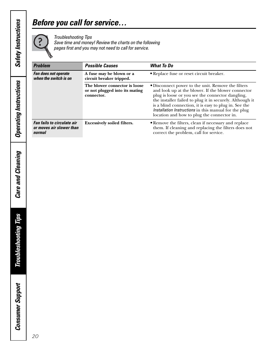 Before you call for service | GE JV936 User Manual | Page 20 / 24