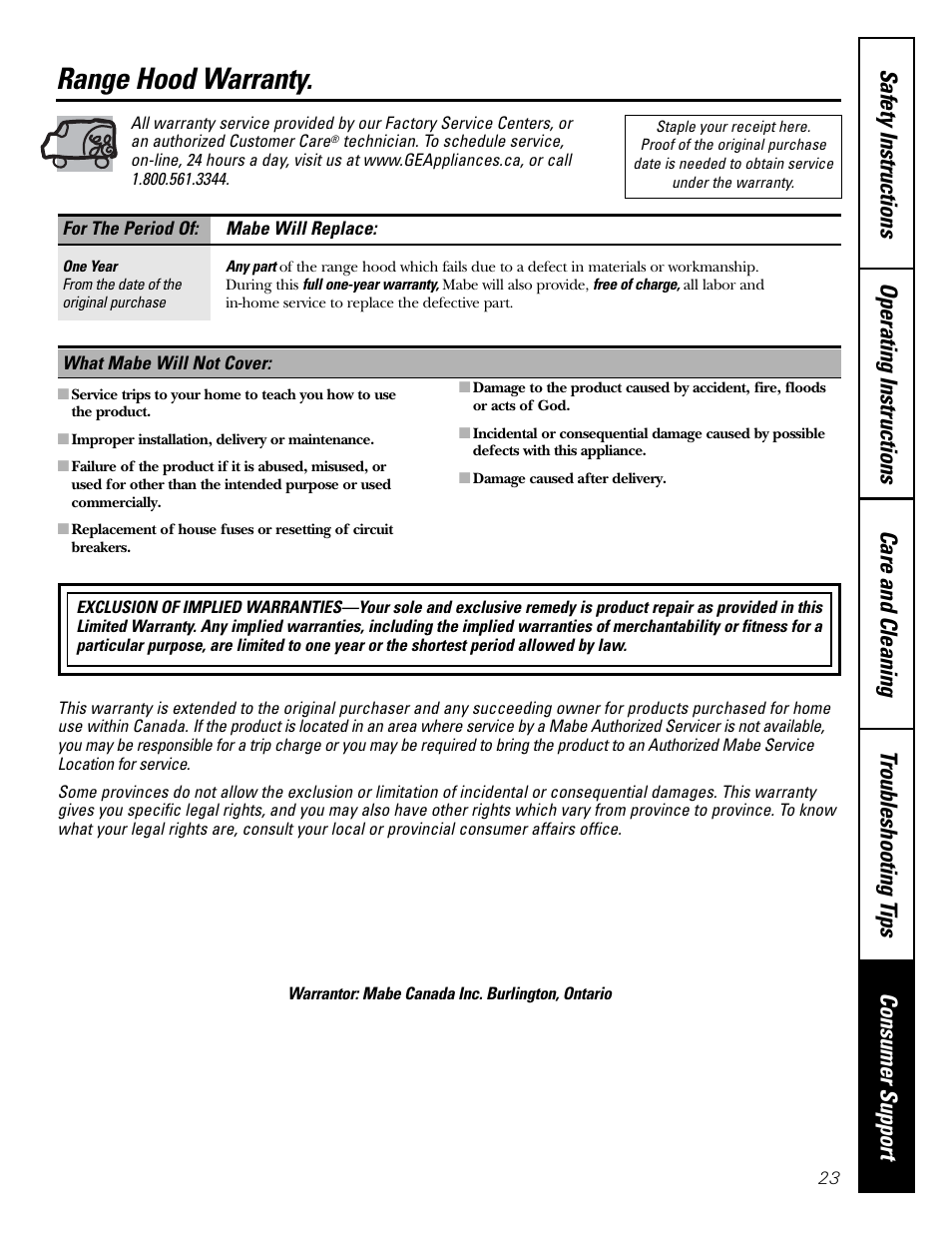 Range hood warranty | GE JV936 User Manual | Page 23 / 24