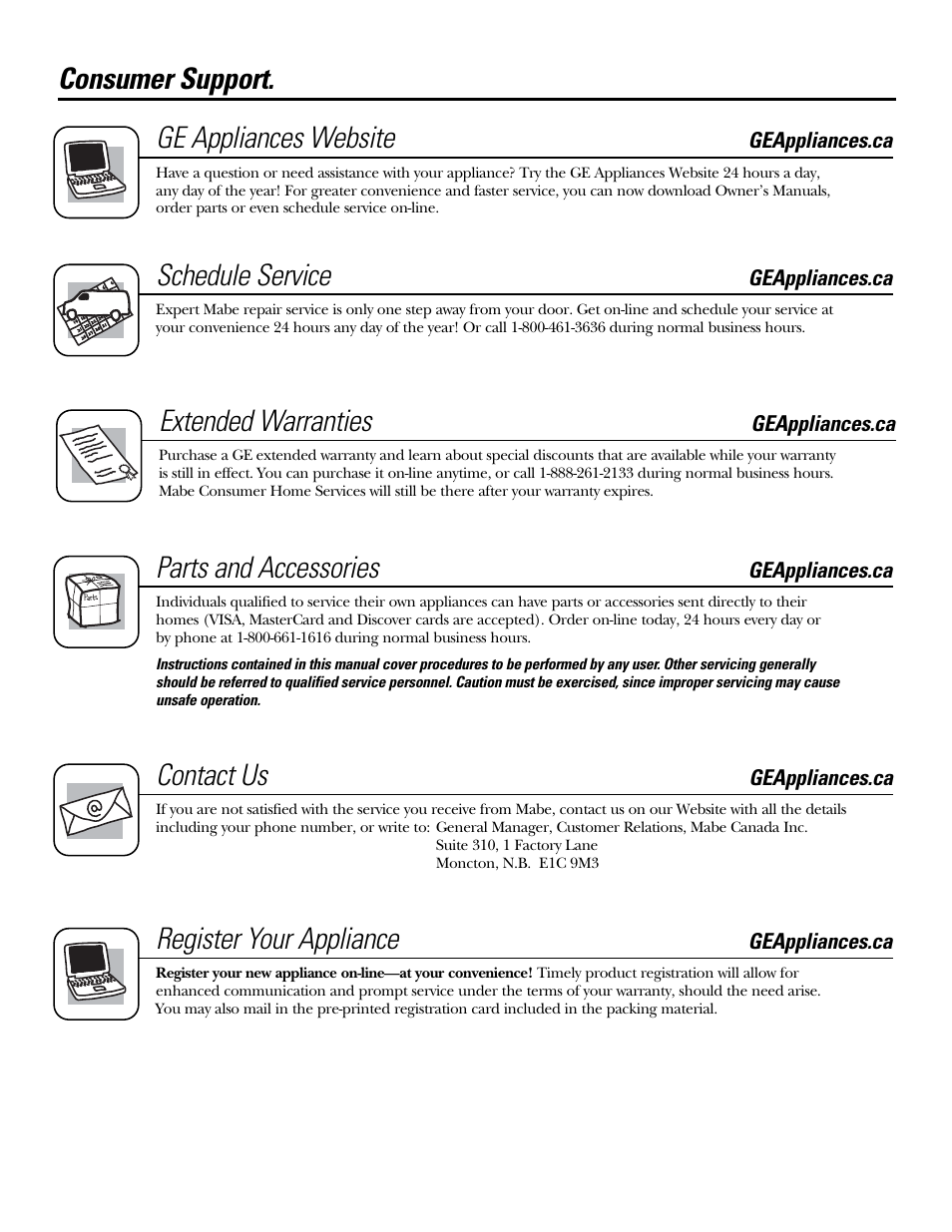 Consumer support. ge appliances website, Schedule service, Extended warranties | Parts and accessories, Contact us, Register your appliance | GE JV936 User Manual | Page 24 / 24