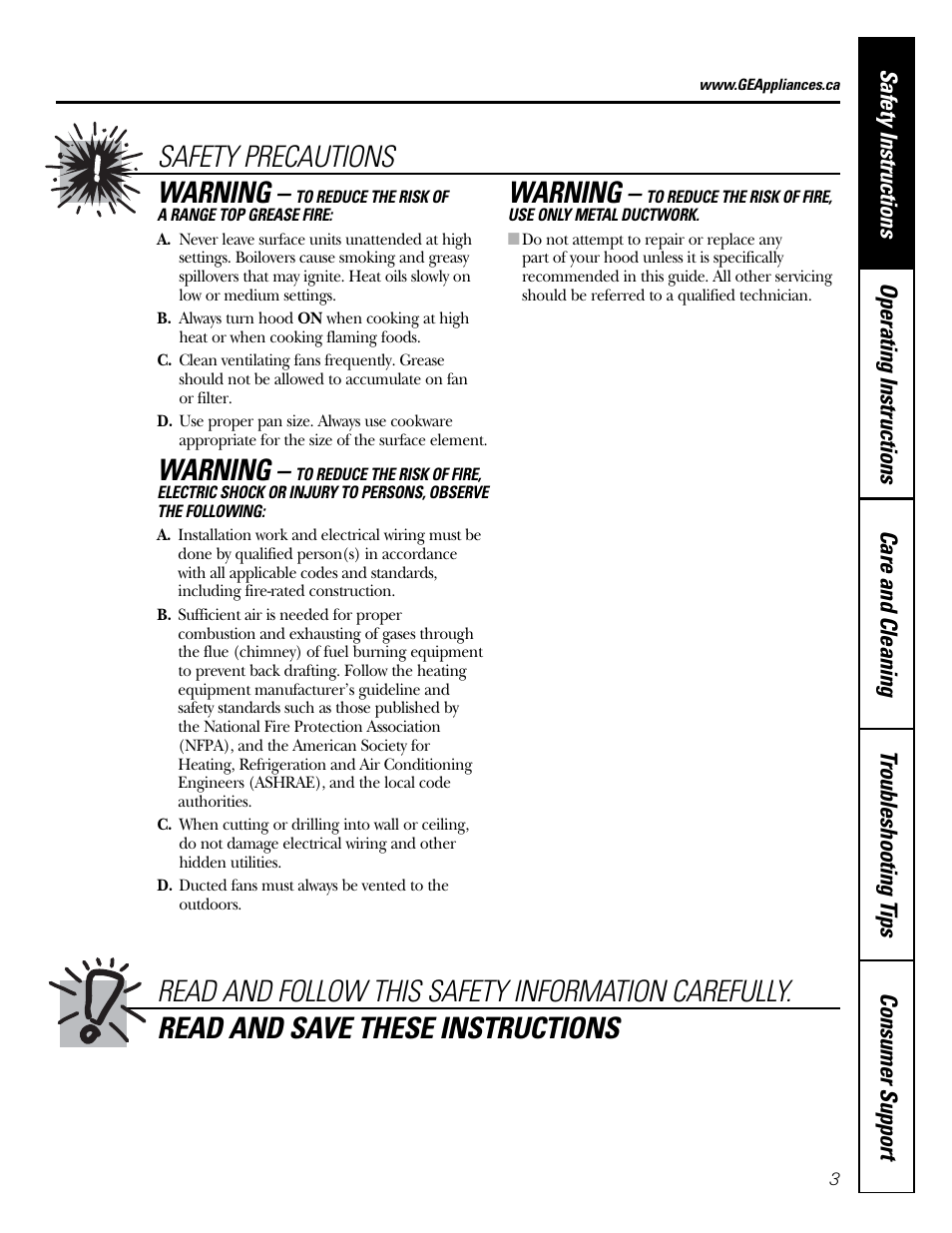 Warning | GE JV936 User Manual | Page 3 / 24