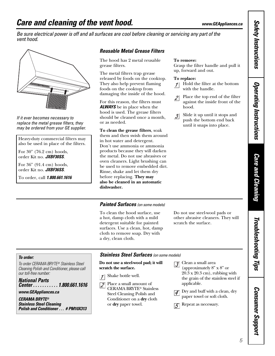 Care and cleaning of the vent hood | GE JV936 User Manual | Page 5 / 24