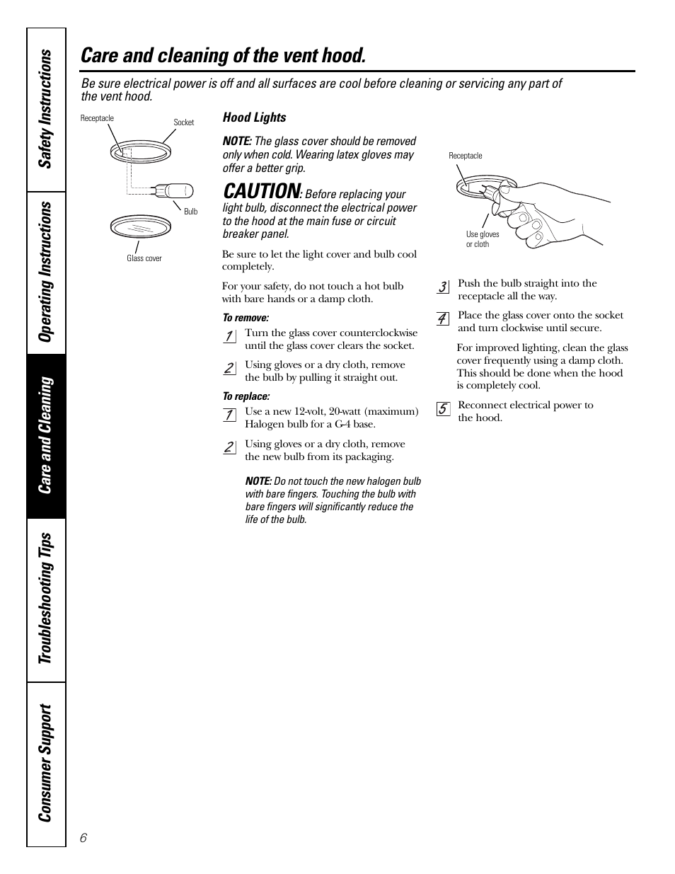 Care and cleaning of the vent hood, Caution | GE JV936 User Manual | Page 6 / 24