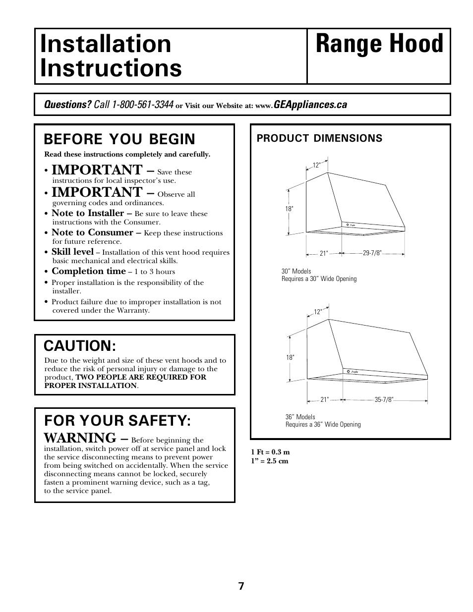 Installation range hood instructions, Before you begin, For your safety | Caution, Important, Warning | GE JV936 User Manual | Page 7 / 24