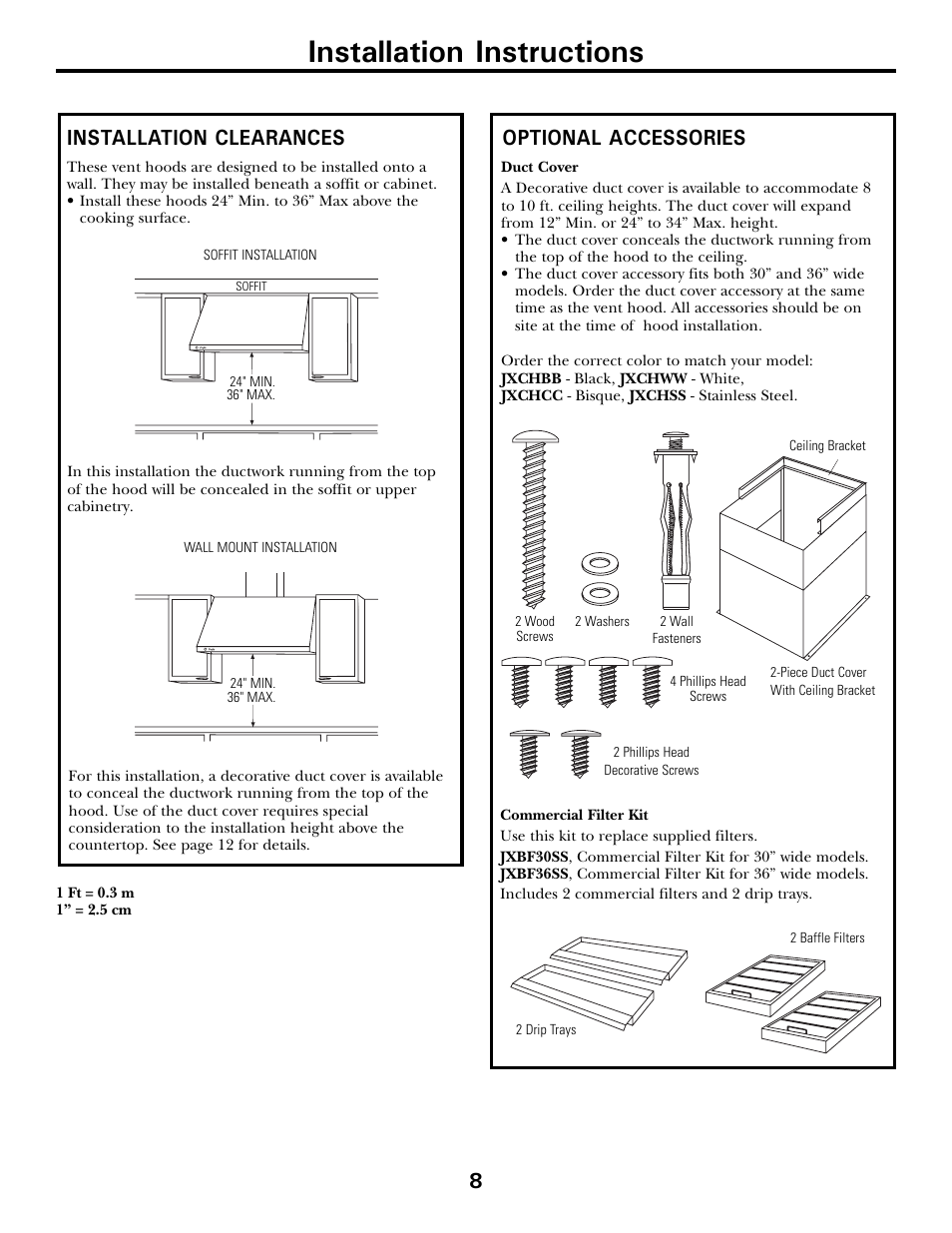 Installation instructions, Installation clearances, Optional accessories | GE JV936 User Manual | Page 8 / 24