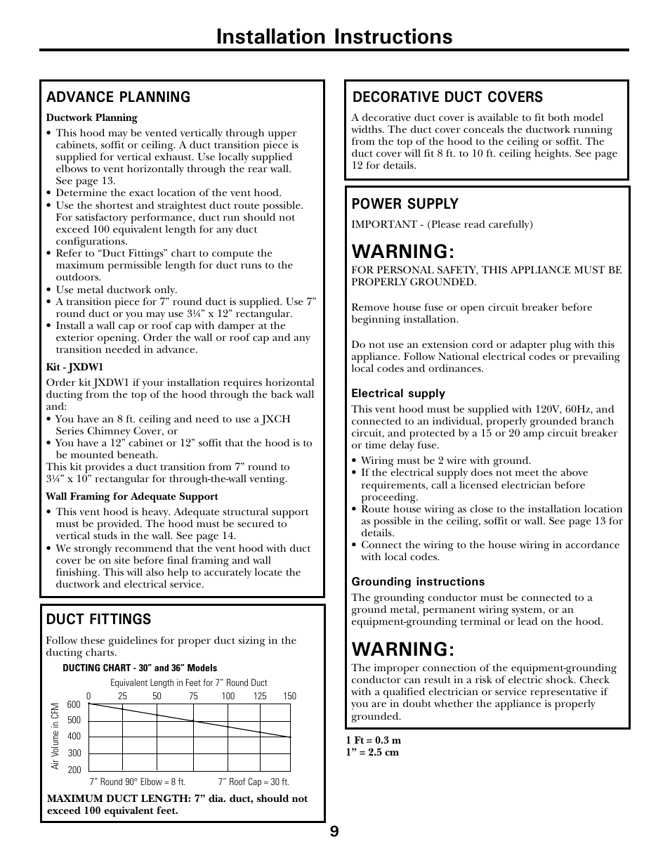 Installation instructions, Warning, Advance planning | Decorative duct covers, Duct fittings, Power supply | GE JV936 User Manual | Page 9 / 24