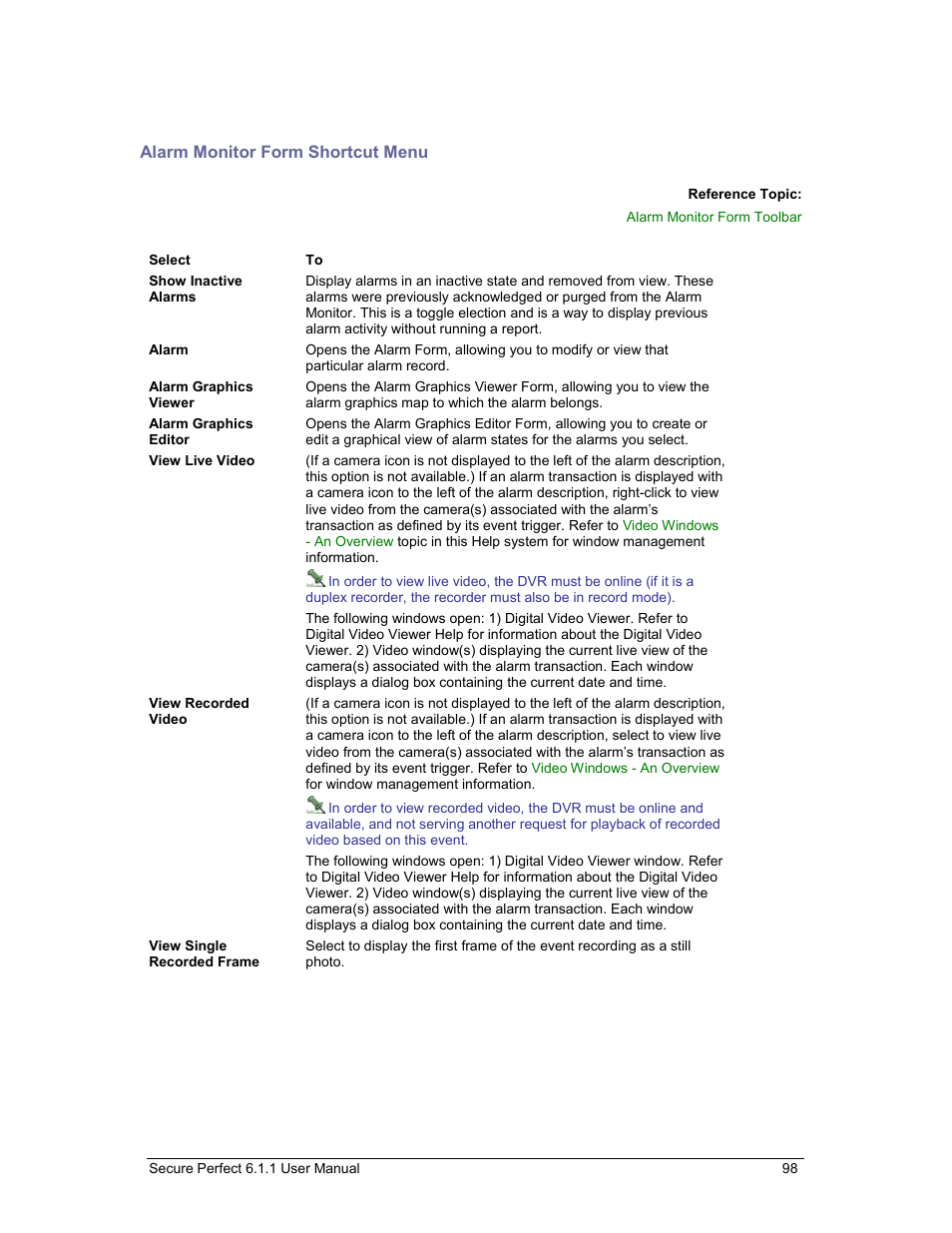 Alarm monitor form shortcut menu | GE v6 User Manual | Page 100 / 269
