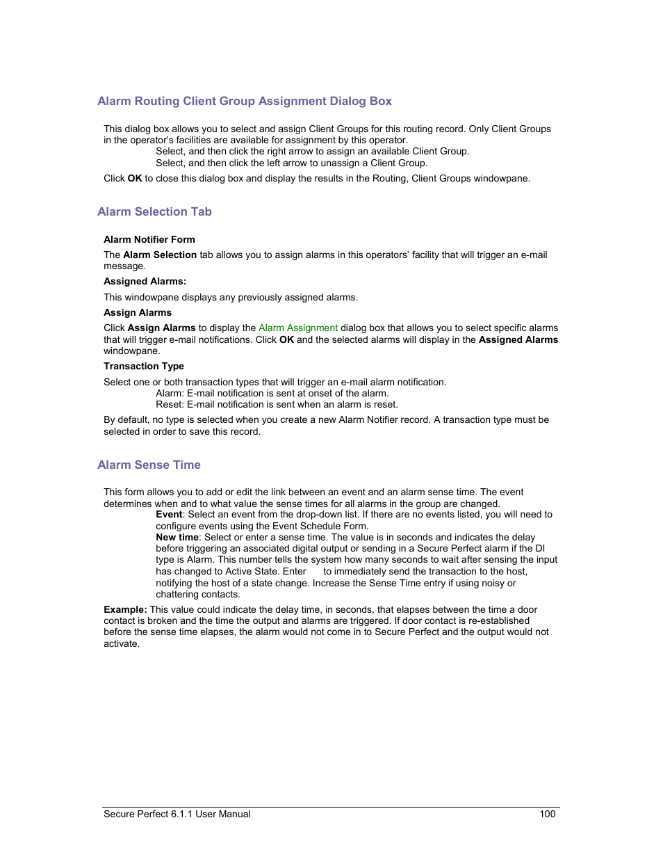 Alarm routing client group assignment dialog box, Alarm selection tab, Alarm sense time | GE v6 User Manual | Page 102 / 269
