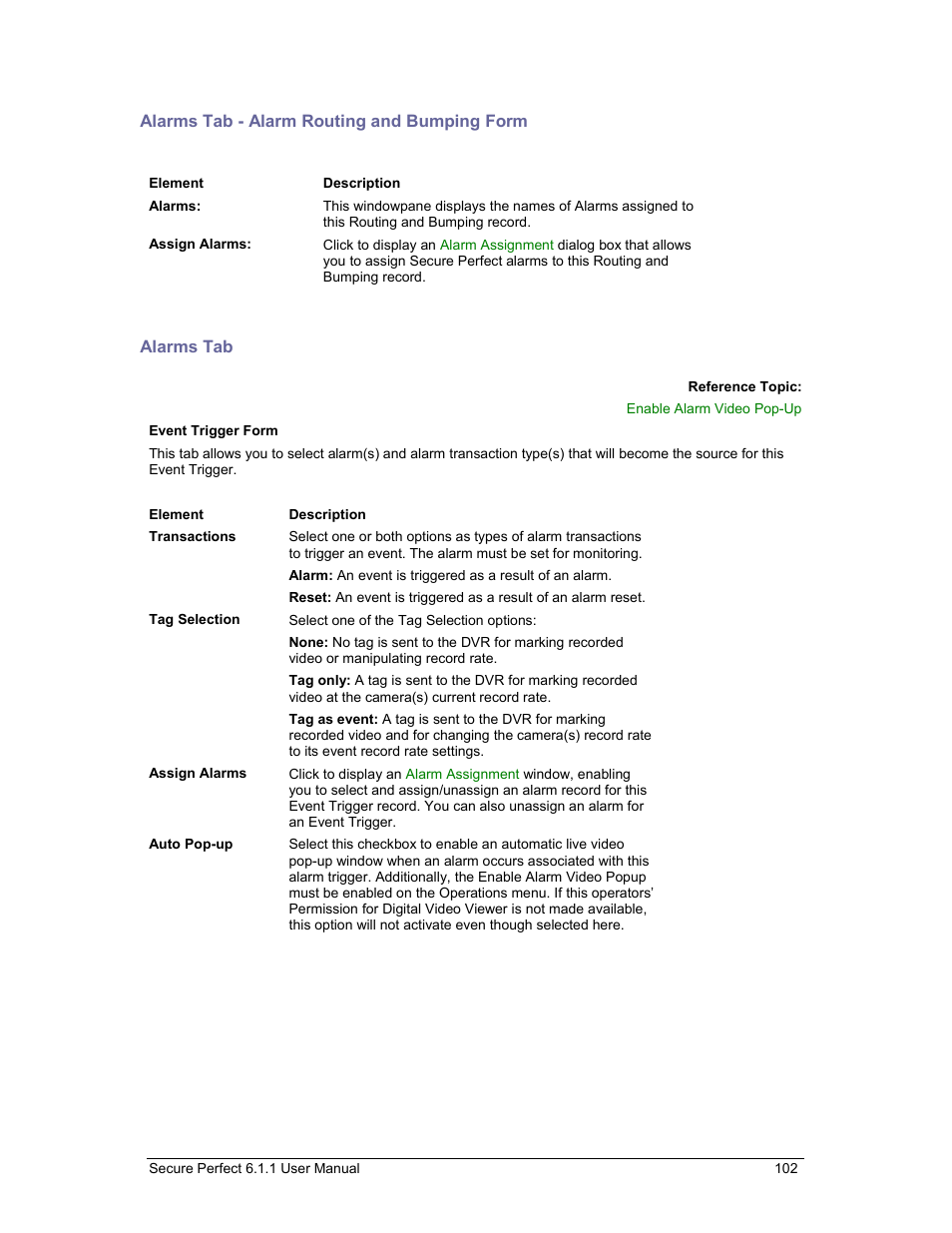 Alarms tab - alarm routing and bumping form, Alarms tab, Event trigger form, alarms tab | GE v6 User Manual | Page 104 / 269