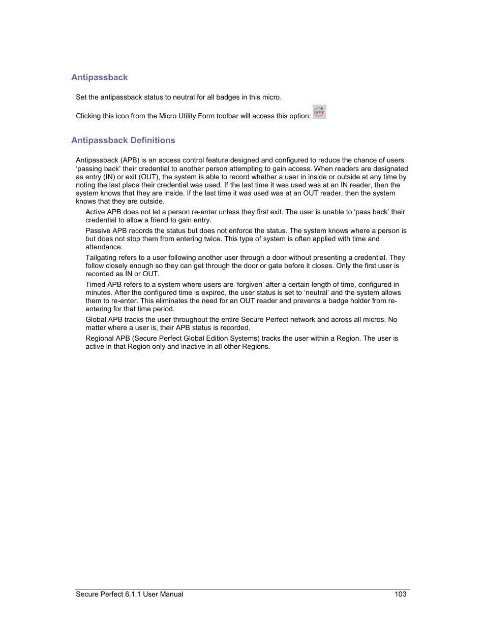 Antipassback, Antipassback definitions, Configure | Status b | GE v6 User Manual | Page 105 / 269