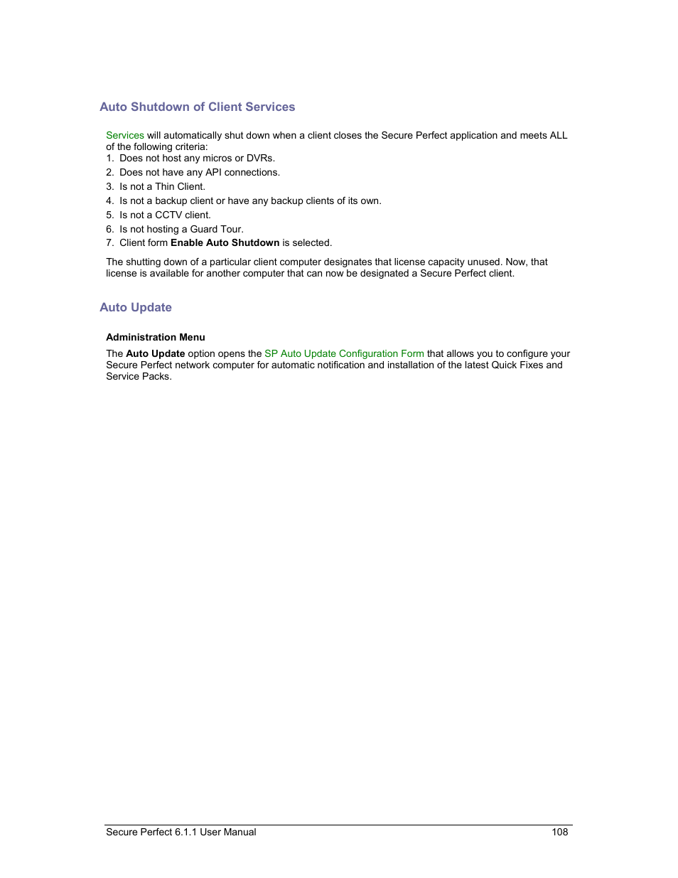 Auto shutdown of client services, Auto update, T of | Prerequisite criteria | GE v6 User Manual | Page 110 / 269
