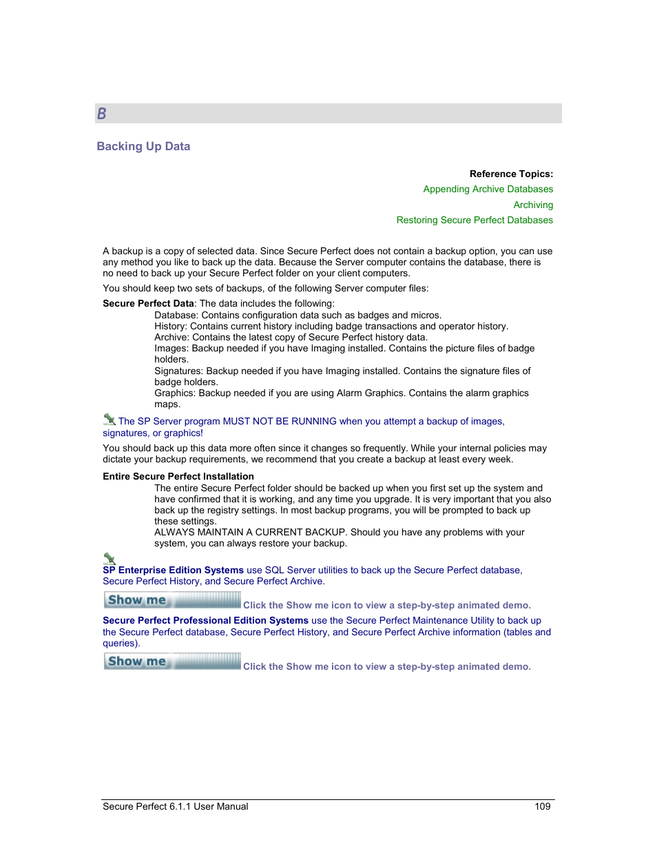 Backing up data | GE v6 User Manual | Page 111 / 269