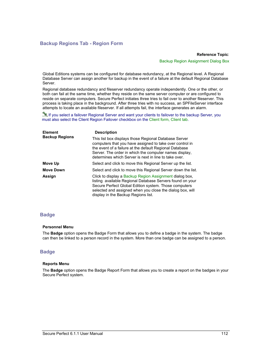 Backup regions tab - region form, Badge, Backup regions tab | GE v6 User Manual | Page 114 / 269
