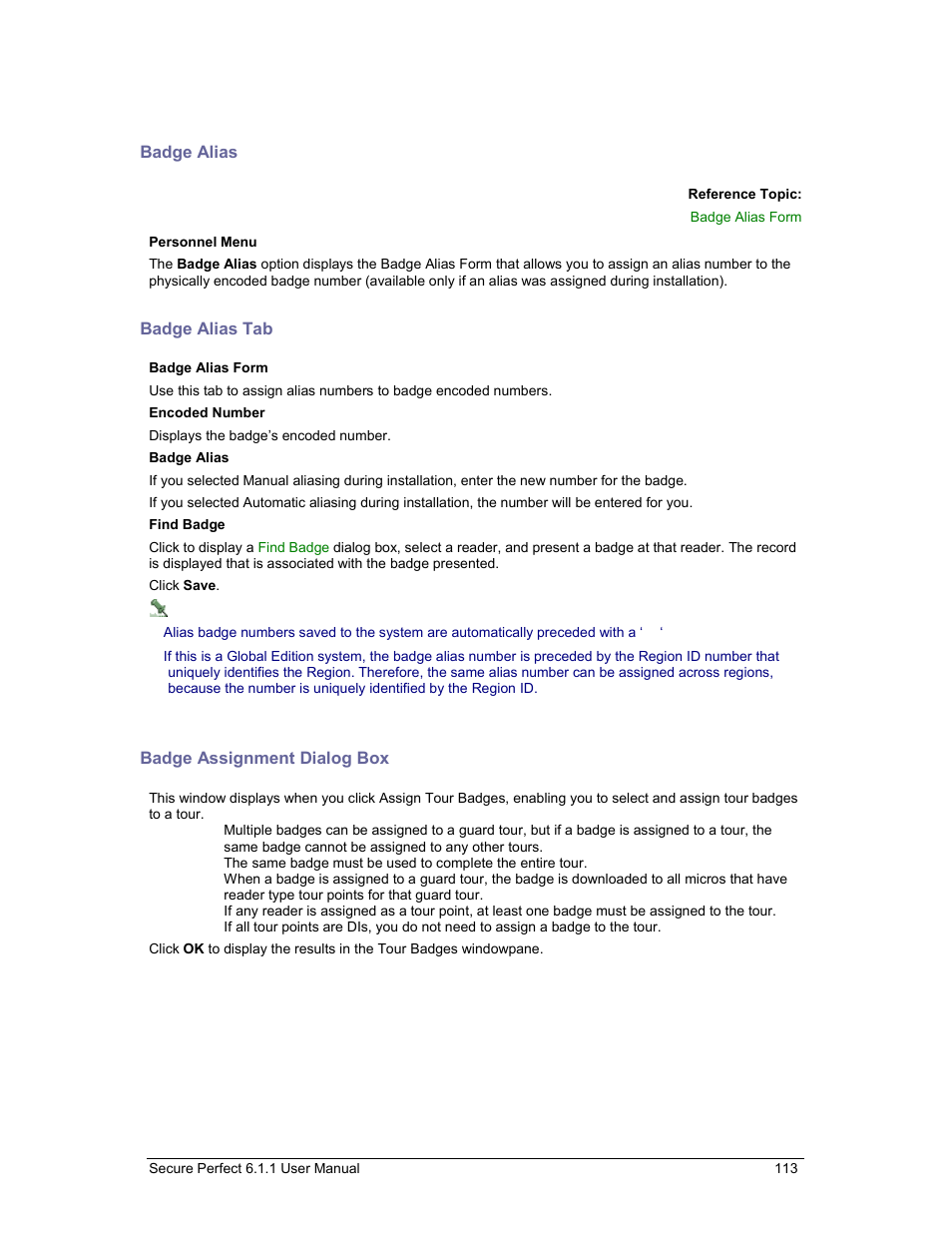 Badge alias, Badge alias tab, Badge assignment dialog box | GE v6 User Manual | Page 115 / 269