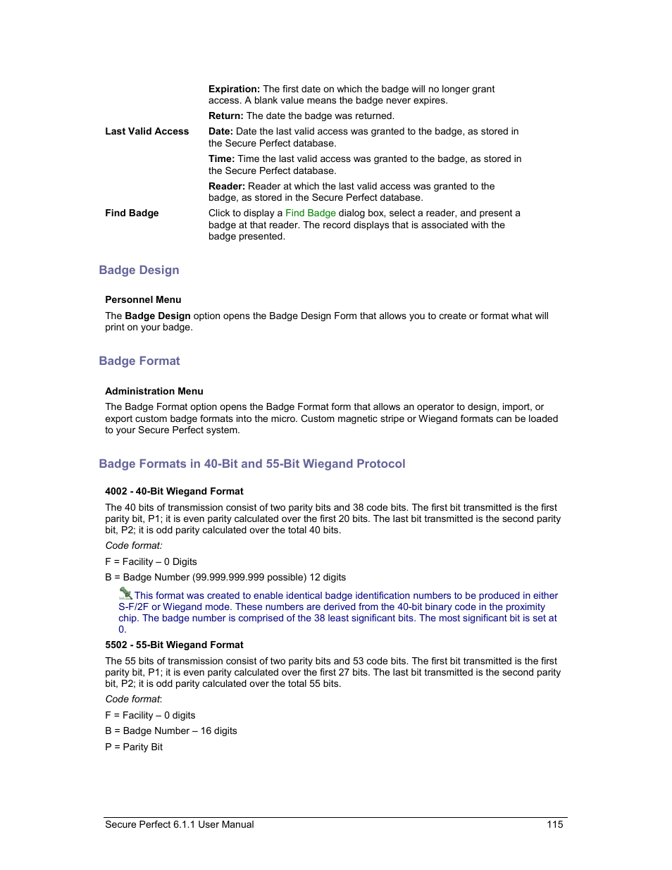 Badge design, Badge format, Custom magnetic stripe or wiegand formats | GE v6 User Manual | Page 117 / 269