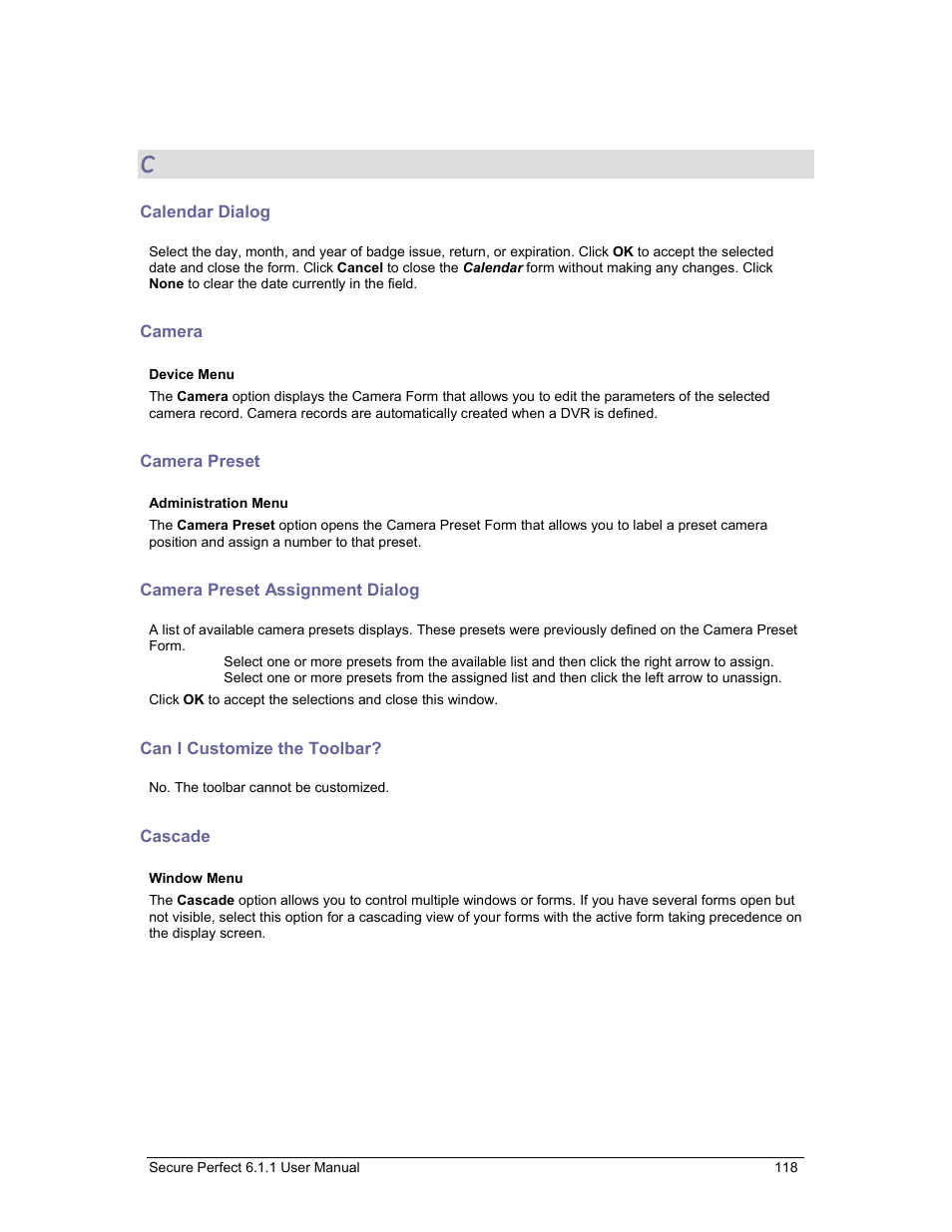 Calendar dialog, Camera, Camera preset | Camera preset assignment dialog, Can i customize the toolbar, Cascade, Can i customize the toolbar and add more buttons, Calendar | GE v6 User Manual | Page 120 / 269
