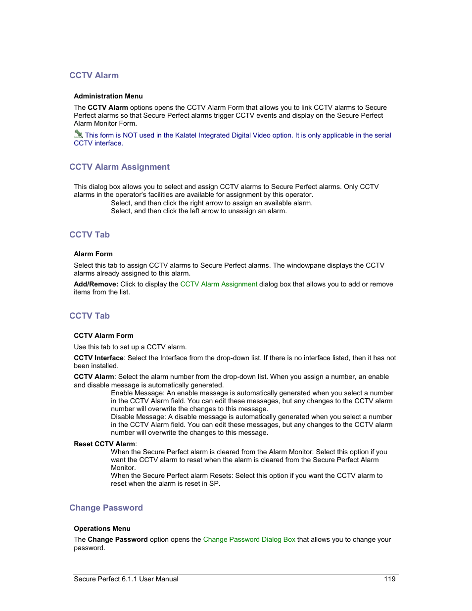 Cctv alarm, Cctv alarm assignment, Cctv tab | Change password | GE v6 User Manual | Page 121 / 269