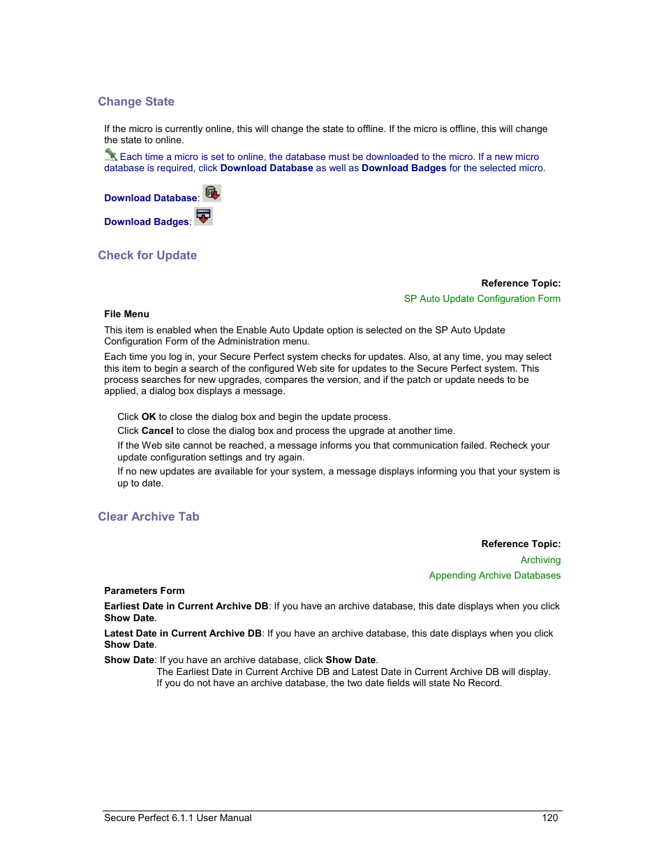 Change state, Check for update, Clear archive tab | GE v6 User Manual | Page 122 / 269