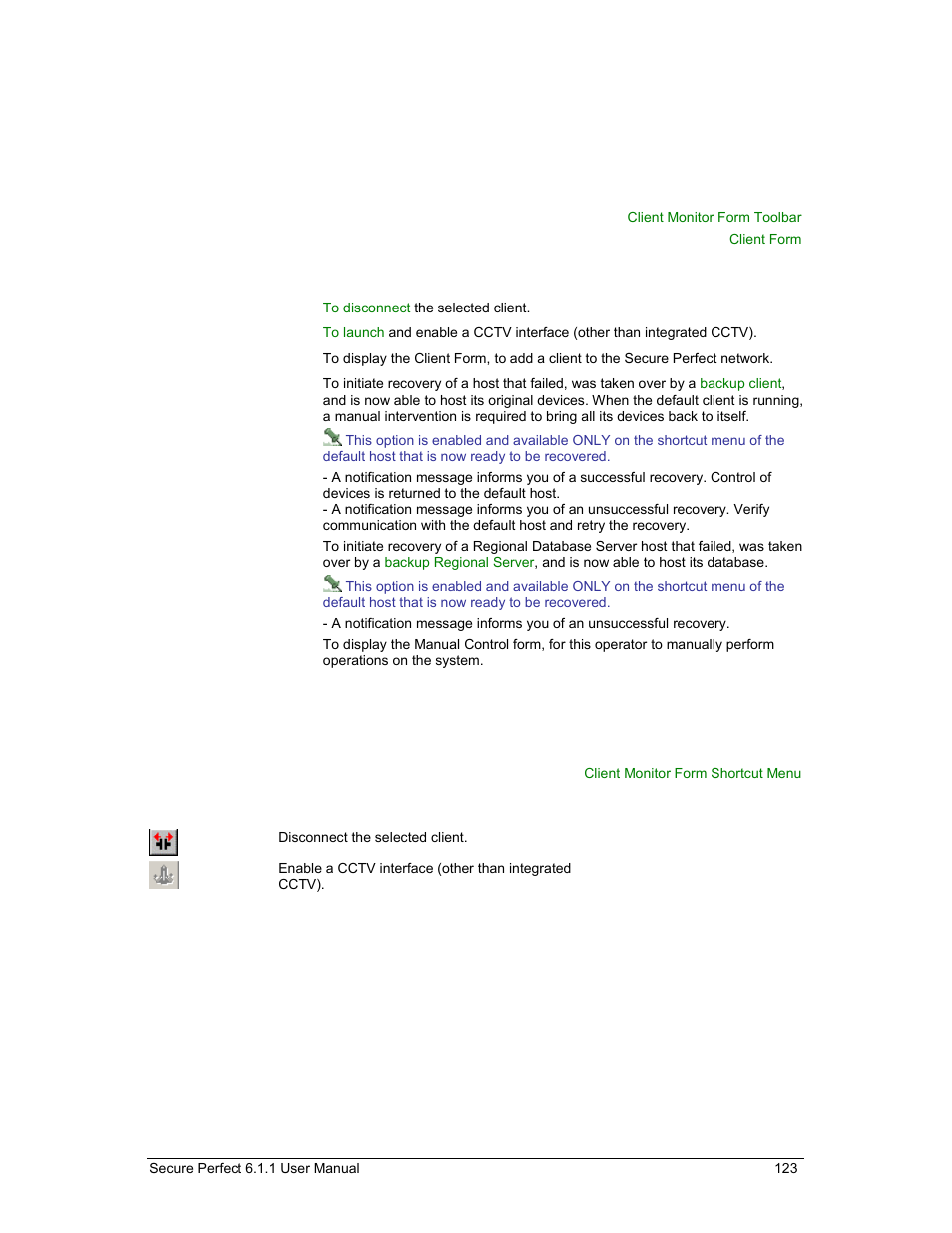 Client monitor form shortcut menu, Client monitor form toolbar, Recovery | To th, Ng a | GE v6 User Manual | Page 125 / 269