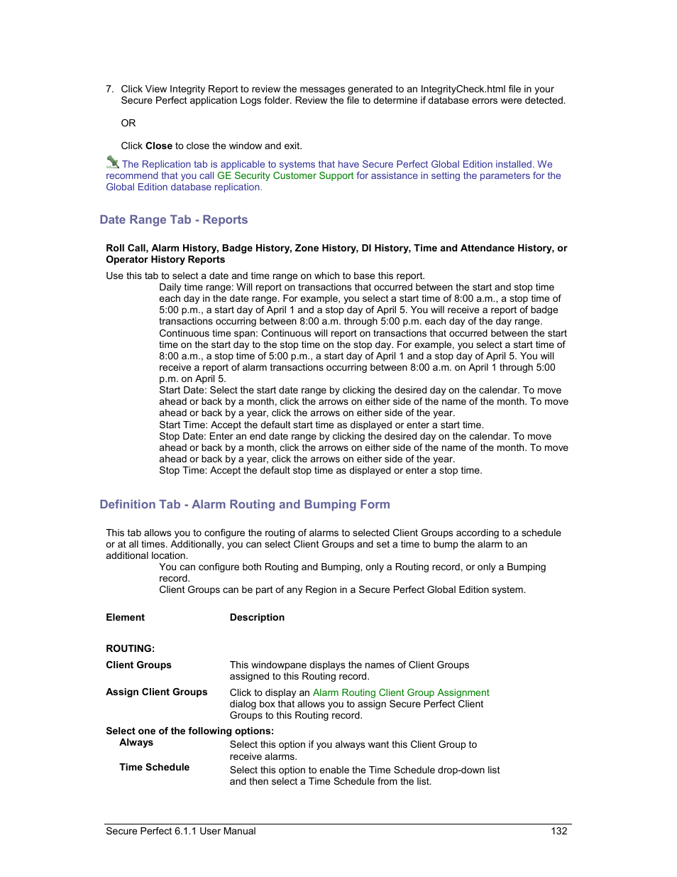Date range tab - reports, Definition tab - alarm routing and bumping form, Definition tab - alarm routing and bumping | Date range tab, Date range | GE v6 User Manual | Page 134 / 269