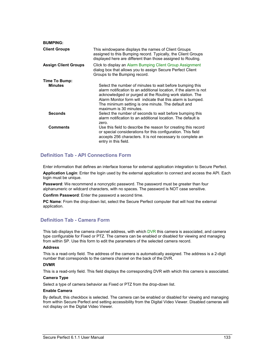 Definition tab - api connections form, Definition tab - camera form, Definition tab | GE v6 User Manual | Page 135 / 269