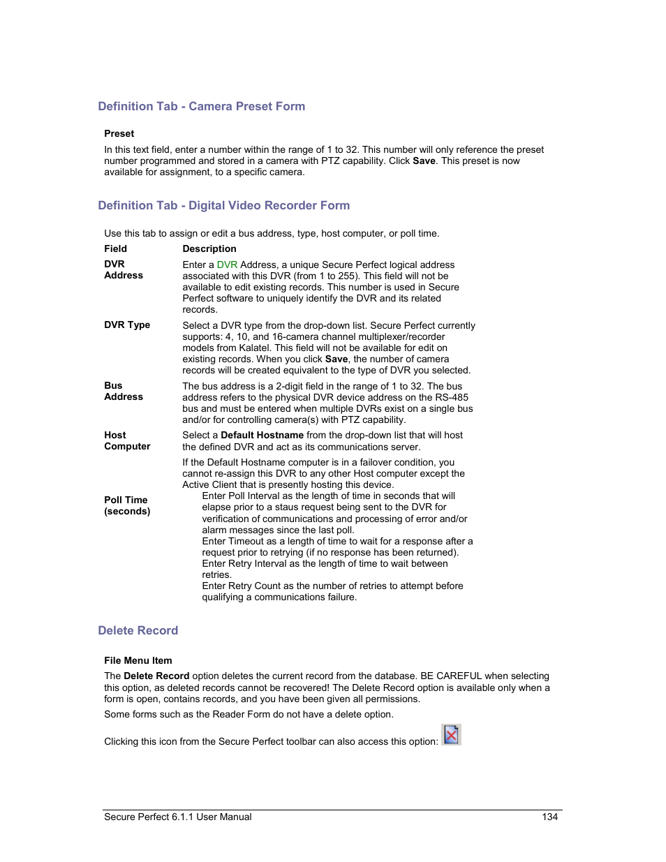 Definition tab - camera preset form, Definition tab - digital video recorder form, Delete record | Delete, Definition tab | GE v6 User Manual | Page 136 / 269