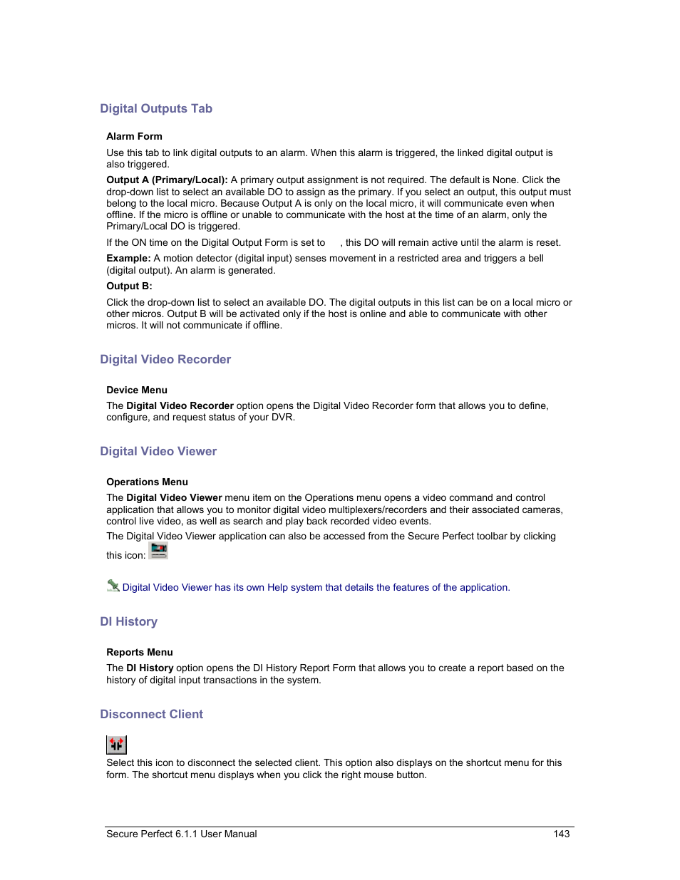 Digital outputs tab, Digital video recorder, Digital video viewer | Di history, Disconnect client, To disconnect | GE v6 User Manual | Page 145 / 269