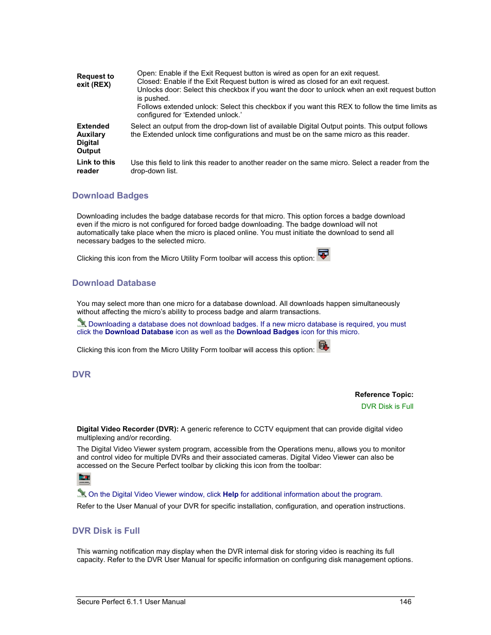 Download badges, Download database, Dvr disk is full | This ca | GE v6 User Manual | Page 148 / 269