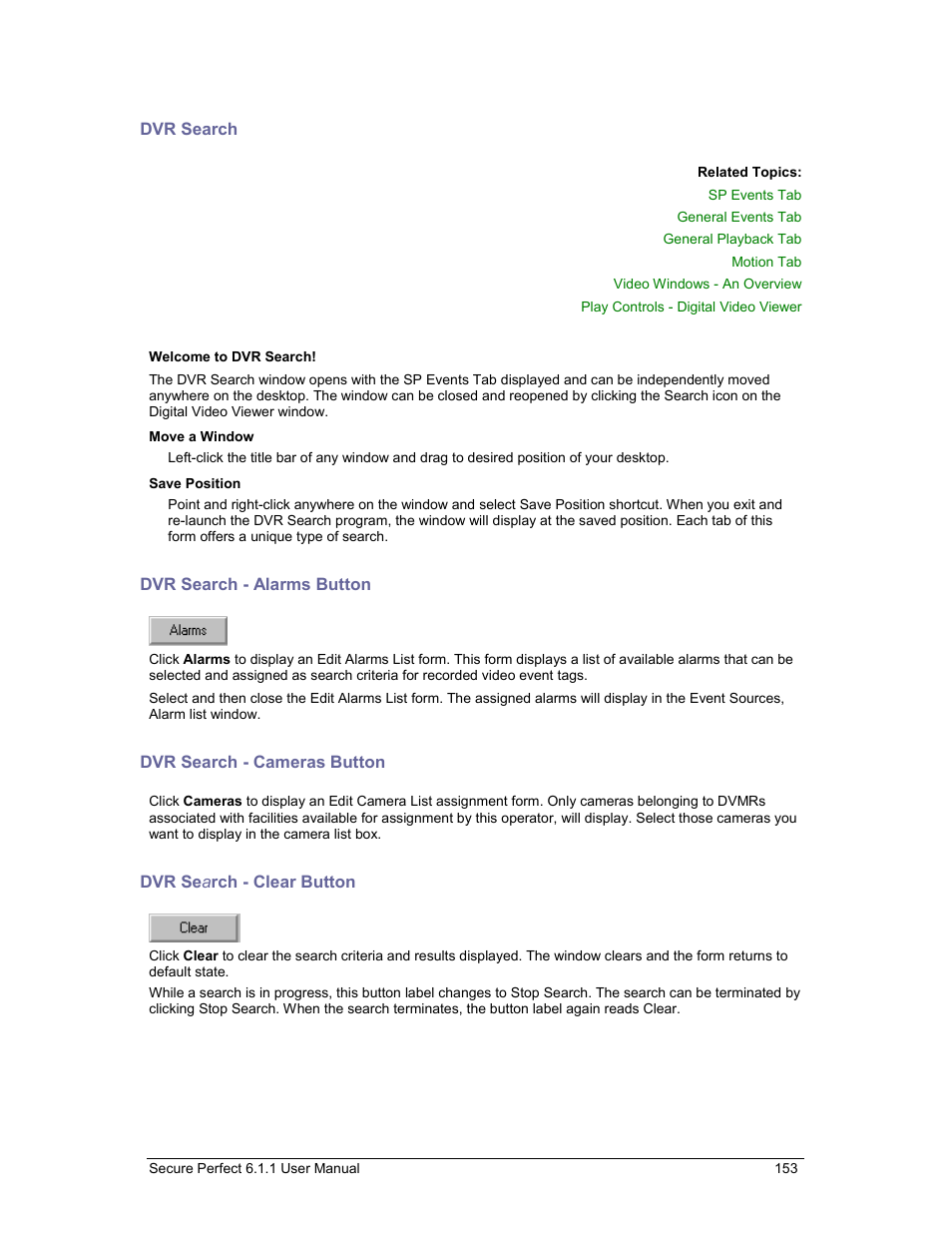 Dvr search, Dvr search - alarms button, Dvr search - cameras button | Dvr search - clear button | GE v6 User Manual | Page 155 / 269