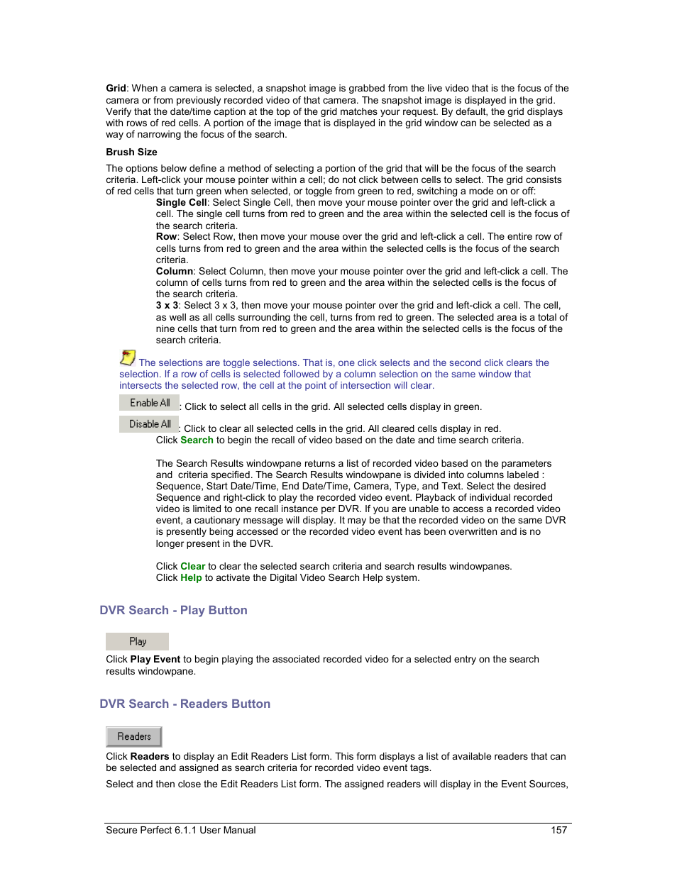 Dvr search - play button, Dvr search - readers button, Play | To begin pl | GE v6 User Manual | Page 159 / 269