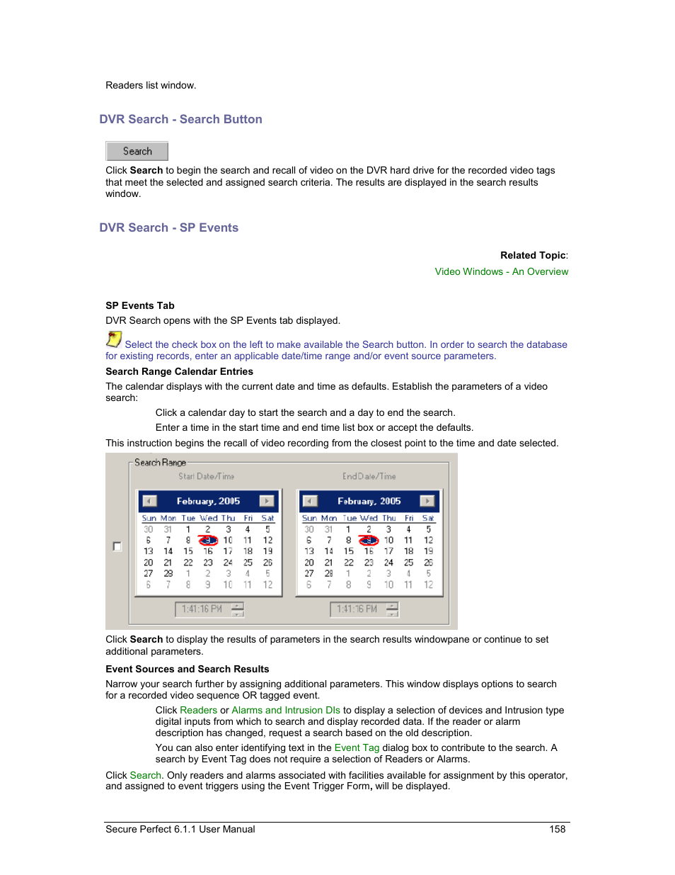 Dvr search - search button, Dvr search - sp events, Sp events tab | Search | GE v6 User Manual | Page 160 / 269