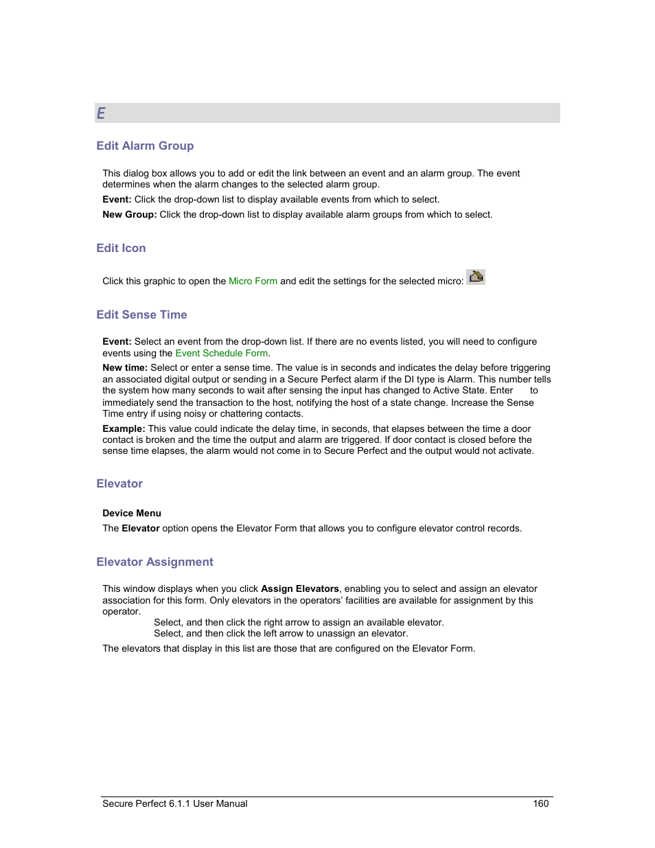 Edit alarm group, Edit icon, Edit sense time | Elevator, Elevator assignment, Sense time | GE v6 User Manual | Page 162 / 269