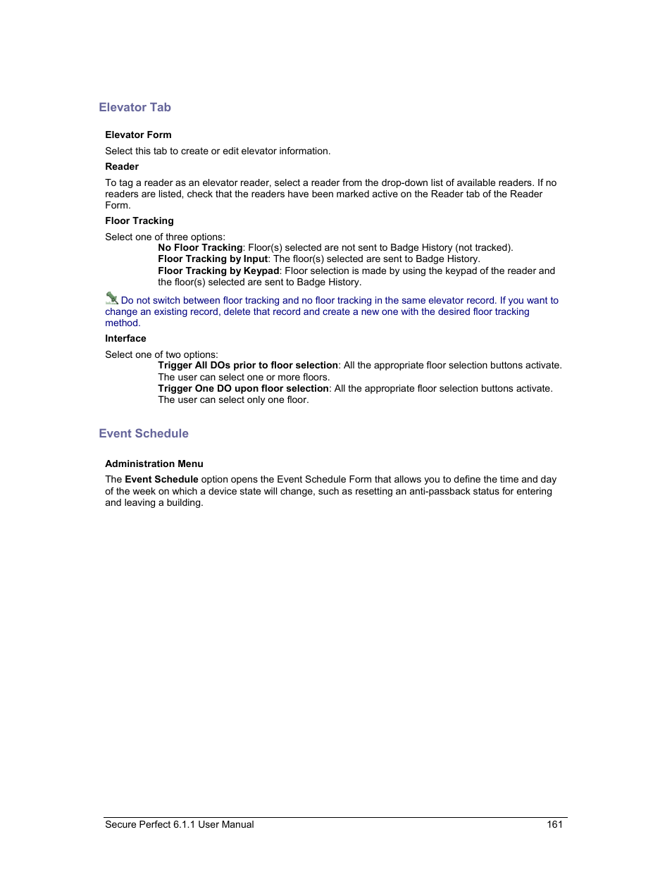 Elevator tab, Event schedule | GE v6 User Manual | Page 163 / 269