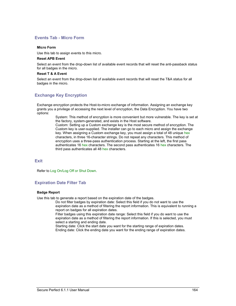 Events tab - micro form, Exchange key encryption, Exit | Expiration date filter tab, Events tab – micro form, Events tab | GE v6 User Manual | Page 166 / 269