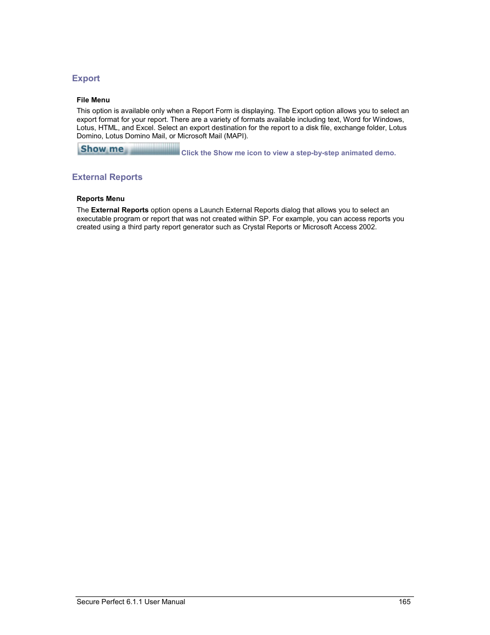 Export, External reports | GE v6 User Manual | Page 167 / 269