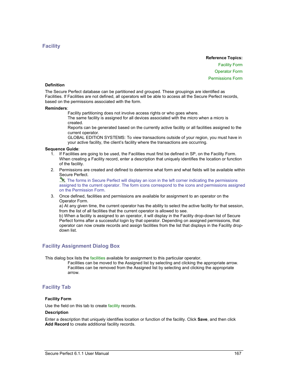 Facility, Facility assignment dialog box, Facility tab | Facilities, From, Gn a, Opti, If y, D by, Facility assignment | GE v6 User Manual | Page 169 / 269