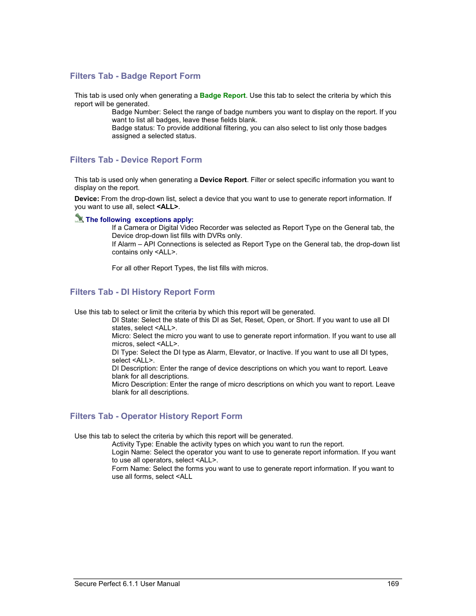 Filters tab - badge report form, Filters tab - device report form, Filters tab - di history report form | Filters tab - operator history report form, Filters tab | GE v6 User Manual | Page 171 / 269
