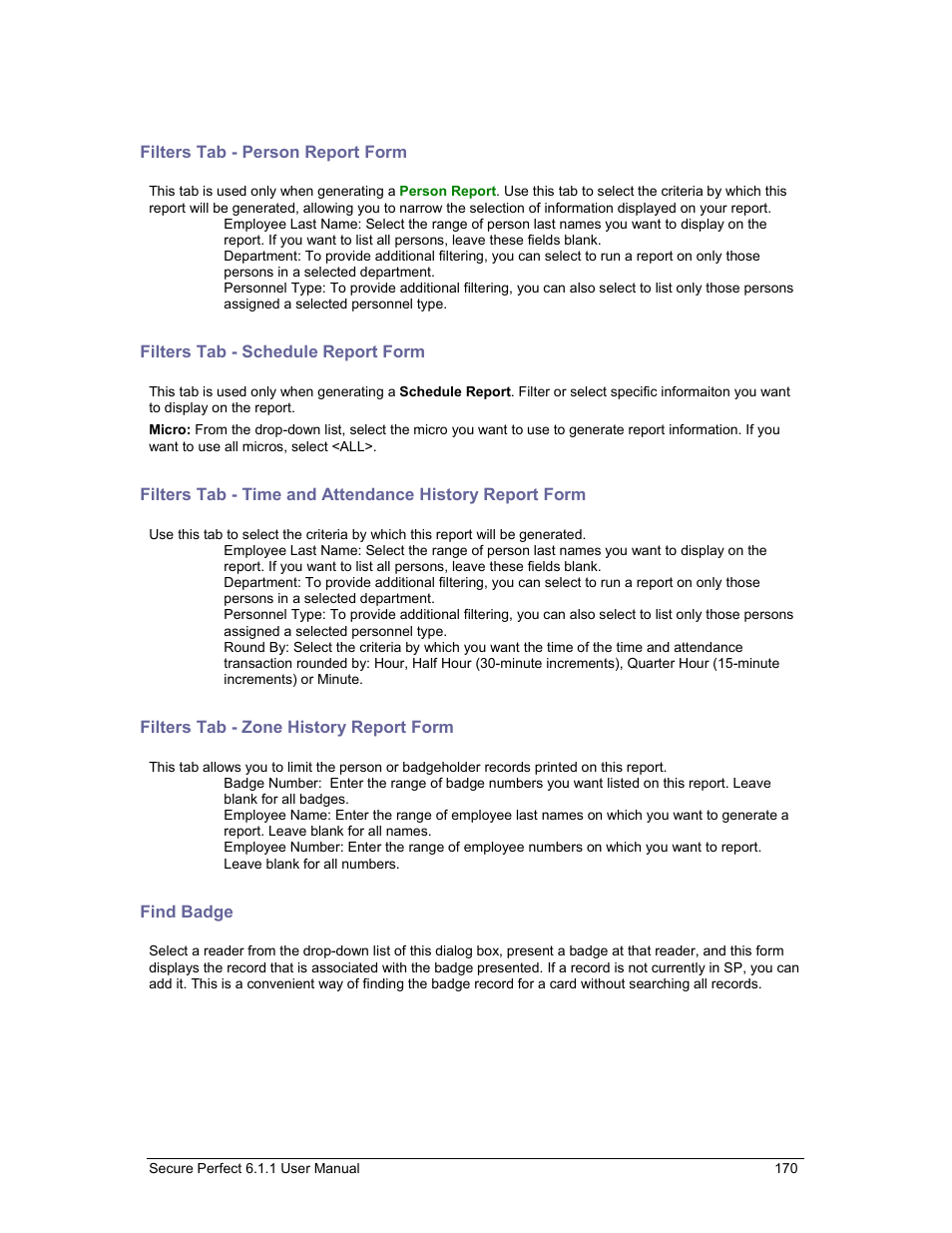 Filters tab - person report form, Filters tab - schedule report form, Filters tab - zone history report form | Find badge, Filters tab, Allow, Dial | GE v6 User Manual | Page 172 / 269