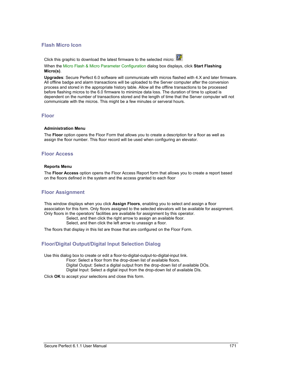 Flash micro icon, Floor, Floor access | Floor assignment | GE v6 User Manual | Page 173 / 269
