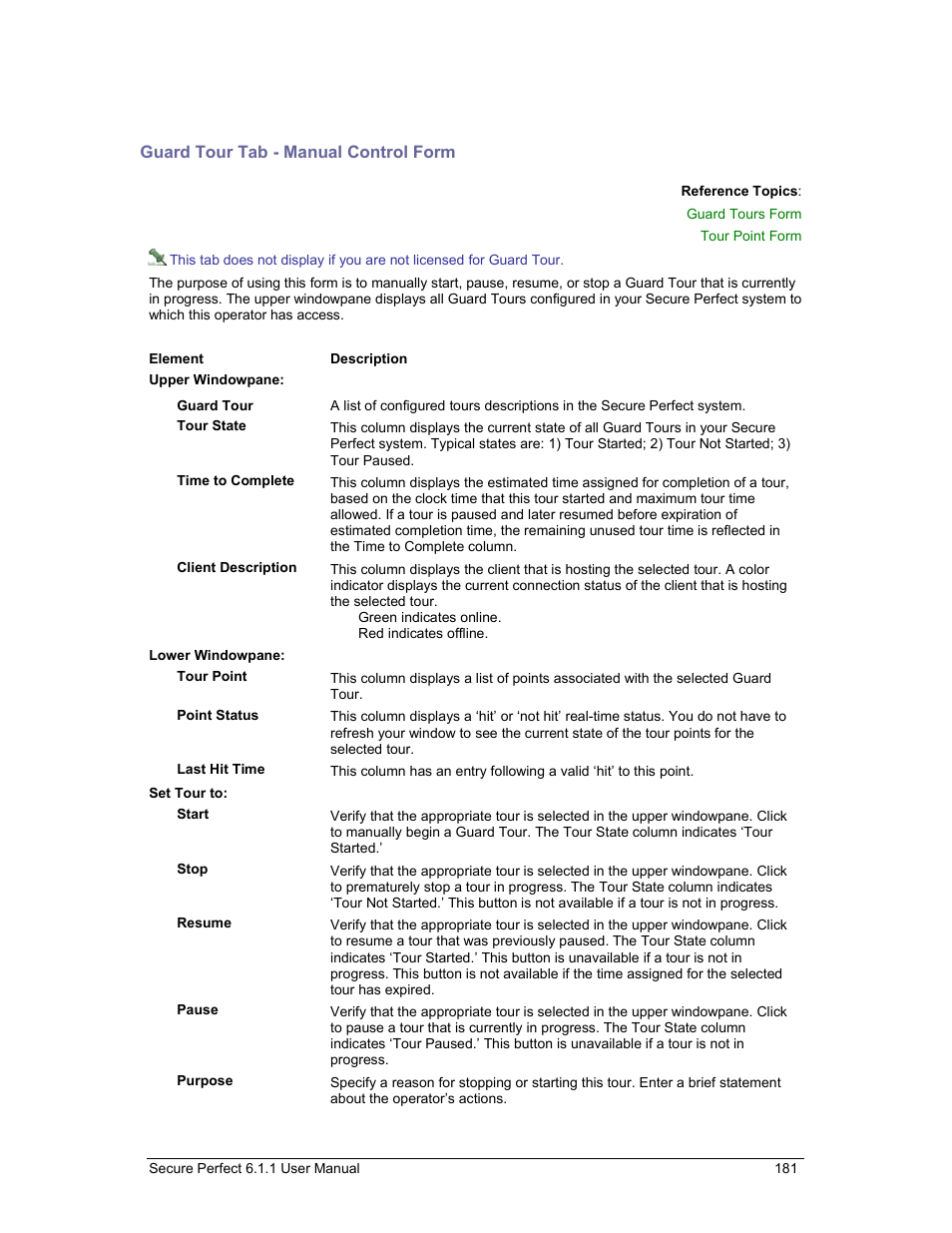 Guard tour tab - manual control form, Manual, Control | Form. the, Guard tour tab, Guard tour tab – manual control form | GE v6 User Manual | Page 183 / 269