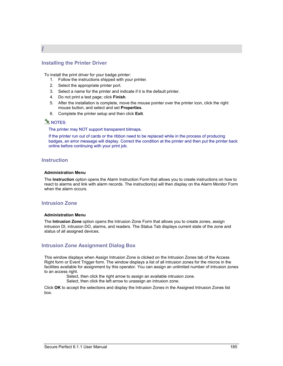 Installing the printer driver, Instruction, Intrusion zone | Intrusion zone assignment dialog box | GE v6 User Manual | Page 187 / 269