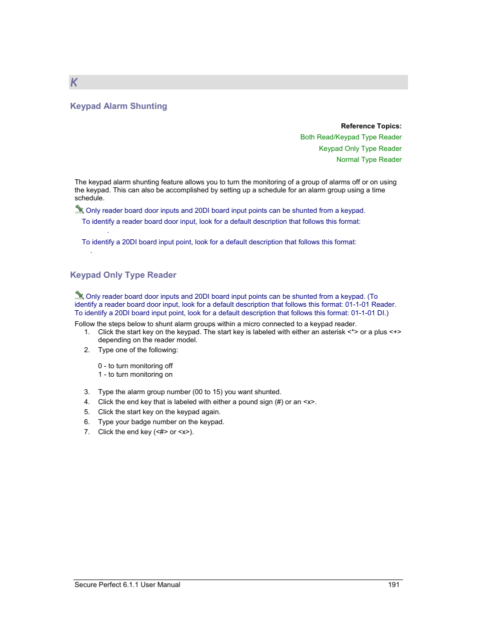 Keypad alarm shunting, Keypad only type reader | GE v6 User Manual | Page 193 / 269