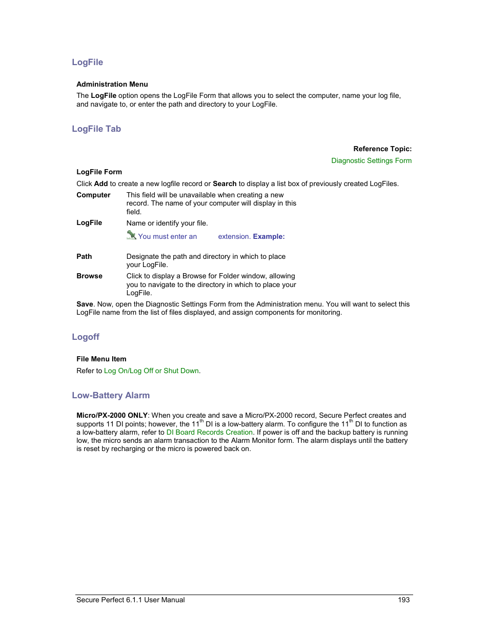 Logfile, Logfile tab, Logoff | Low-battery alarm | GE v6 User Manual | Page 195 / 269
