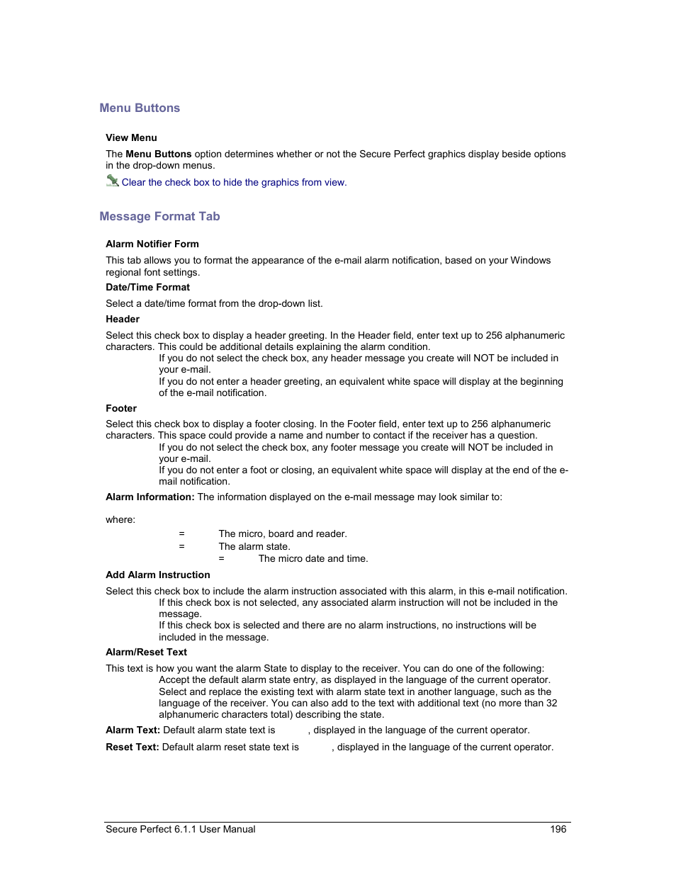 Menu buttons, Message format tab | GE v6 User Manual | Page 198 / 269