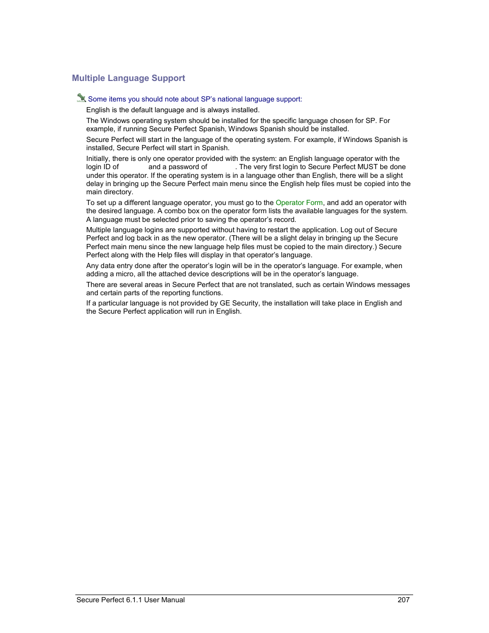 Multiple language support | GE v6 User Manual | Page 209 / 269