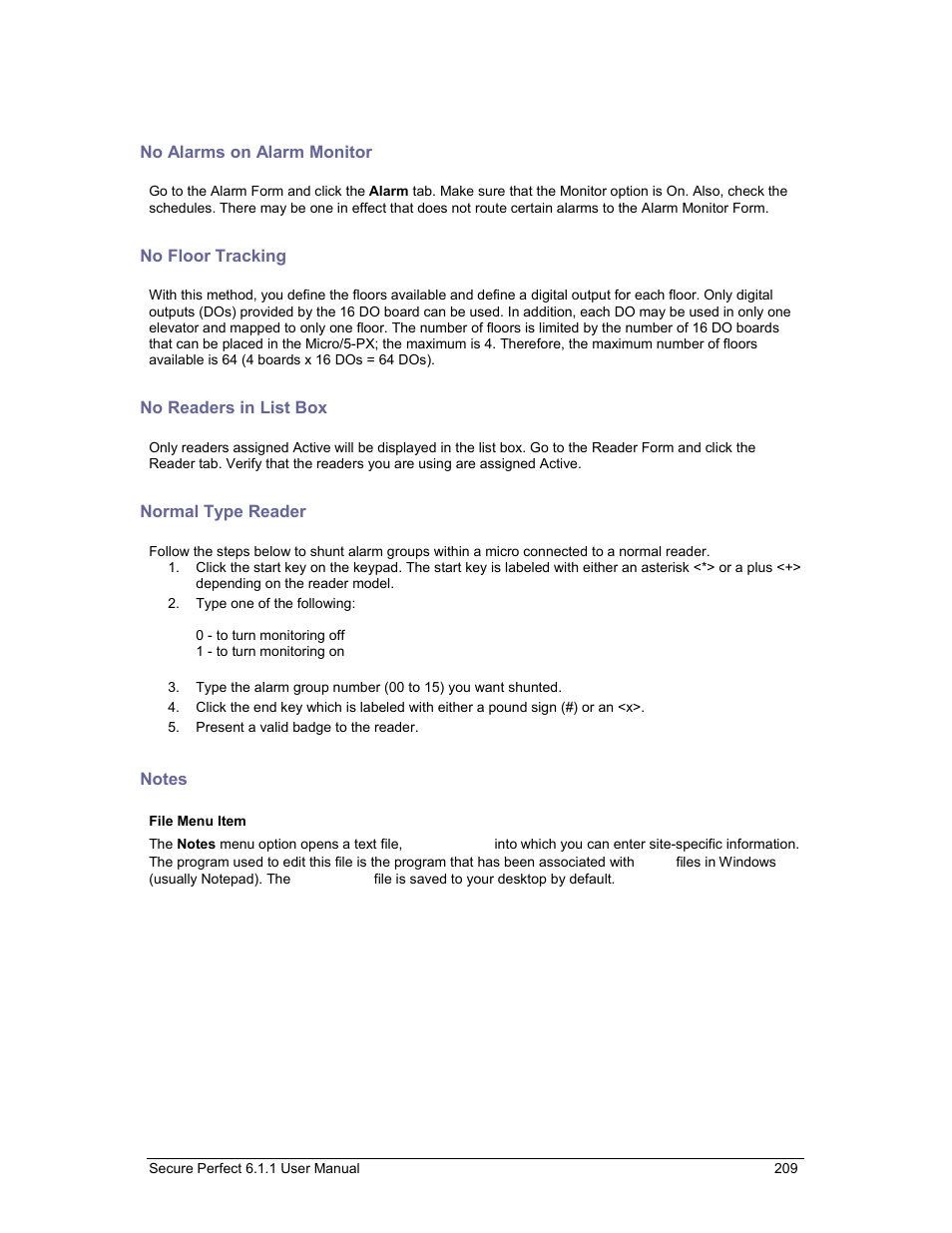 No alarms on alarm monitor, No floor tracking, No readers in list box | Normal type reader, Notes, No readers display in the reader list box. why | GE v6 User Manual | Page 211 / 269