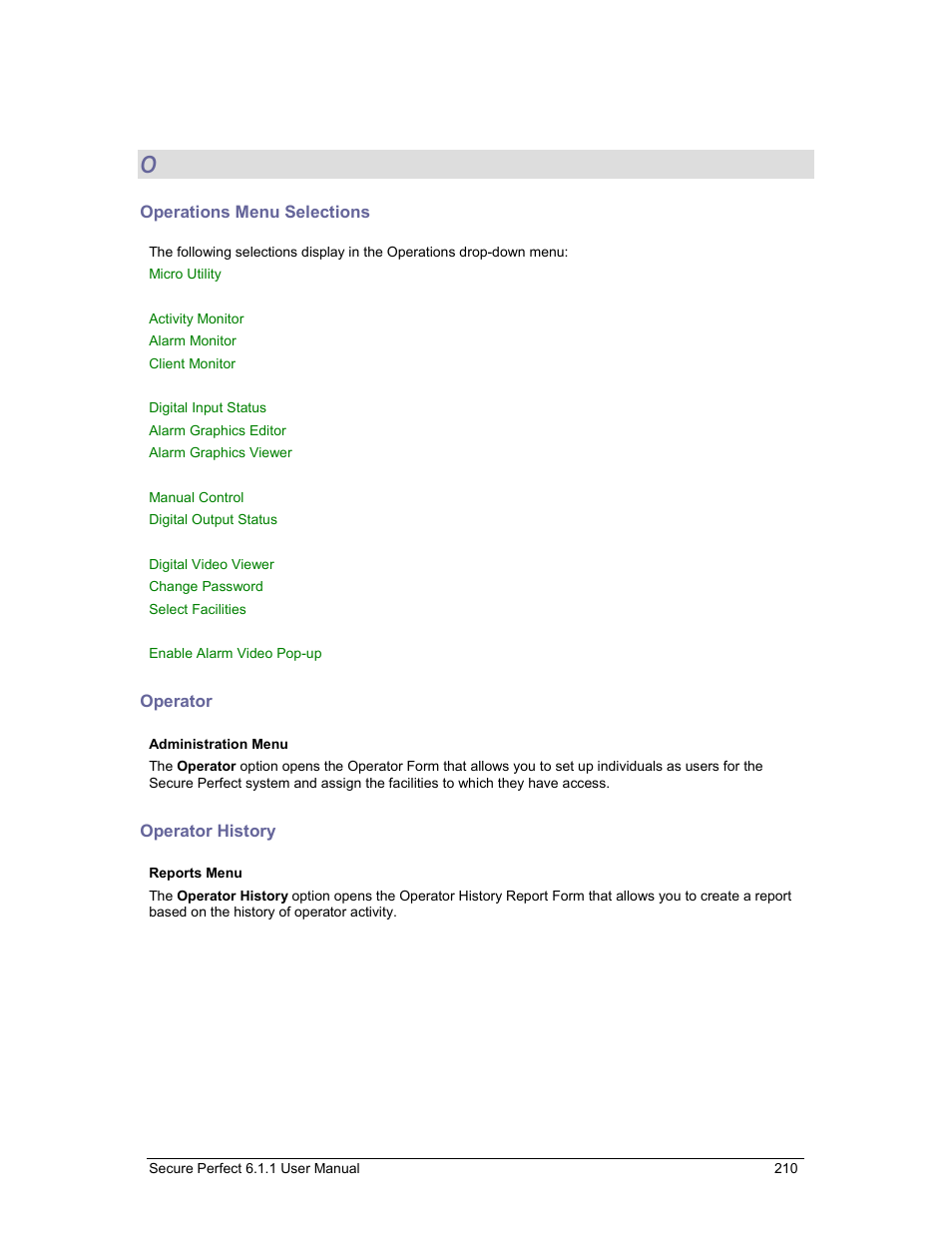 Operations menu selections, Operator, Operator history | GE v6 User Manual | Page 212 / 269