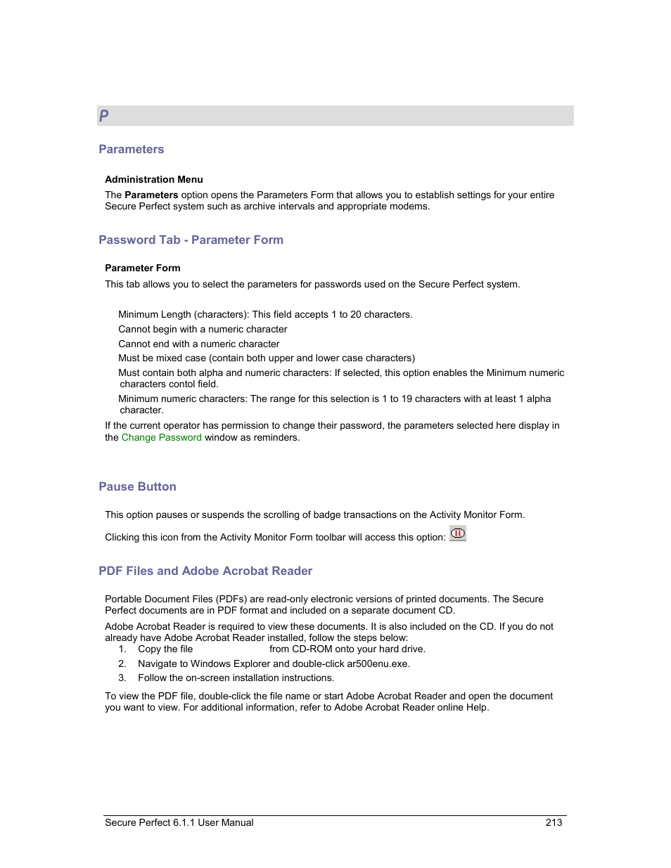 Parameters, Password tab - parameter form, Pause button | Pdf files and adobe acrobat reader, Ner toolba, Pdf format, Password tab, Pause, On. a, Pdf file | GE v6 User Manual | Page 215 / 269